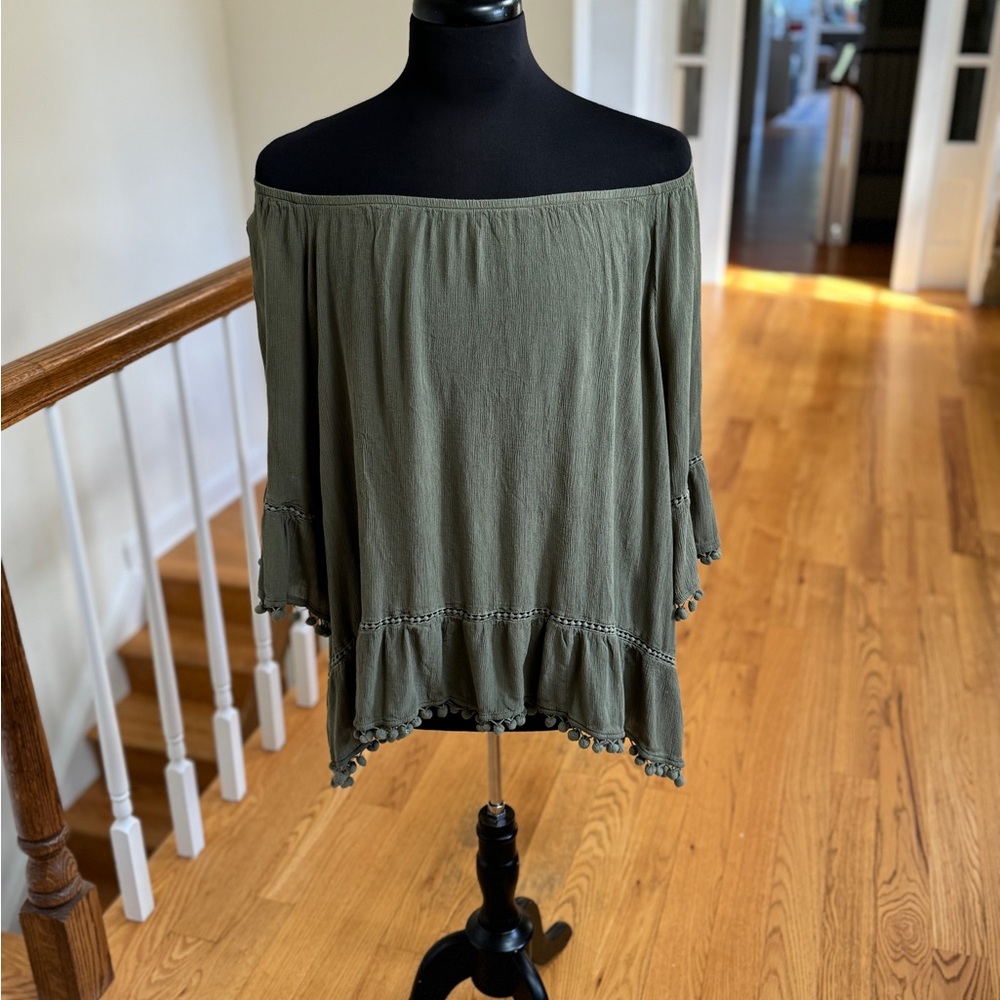 Fever Olive Green Blouse with Pom-Pom Trim